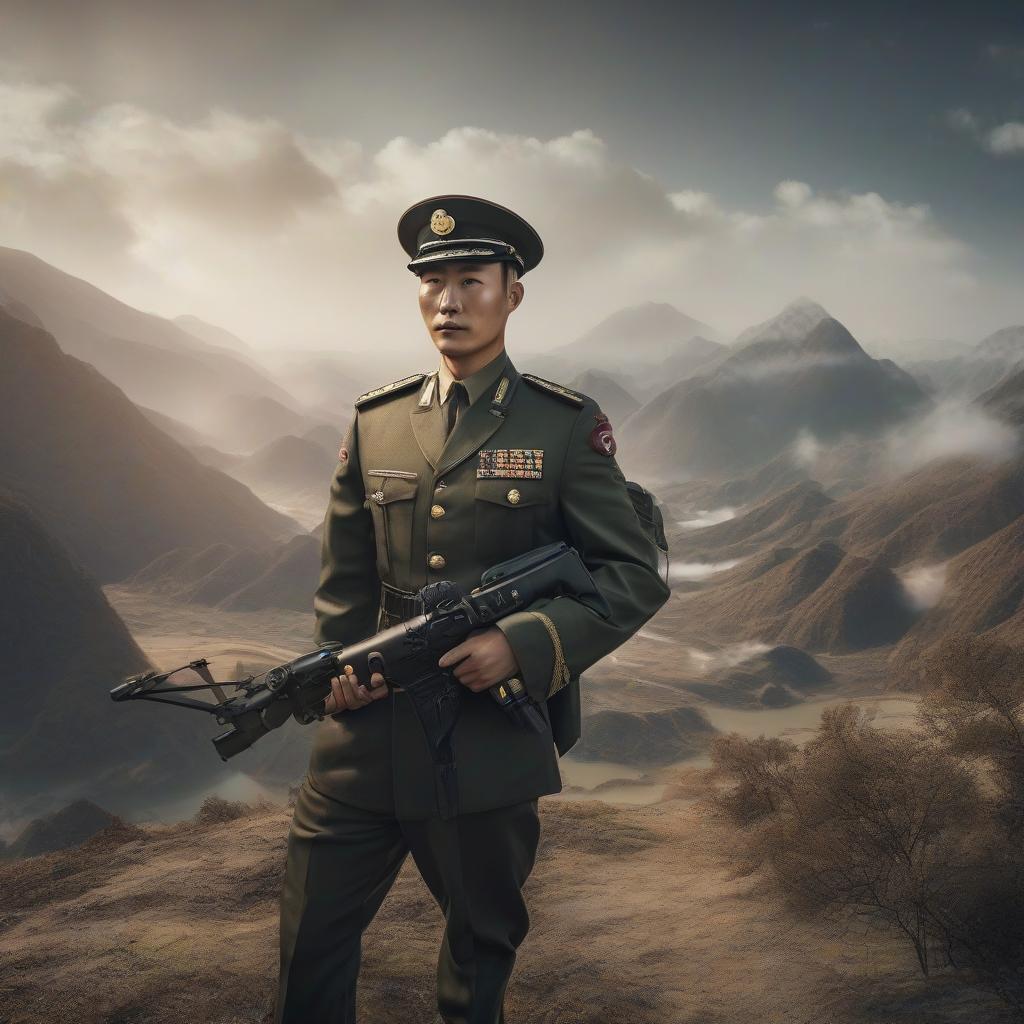  A Chinese man in military uniform, unmanned aerial vehicle. In answer should be only translation. hyperrealistic, full body, detailed clothing, highly detailed, cinematic lighting, stunningly beautiful, intricate, sharp focus, f/1. 8, 85mm, (centered image composition), (professionally color graded), ((bright soft diffused light)), volumetric fog, trending on instagram, trending on tumblr, HDR 4K, 8K