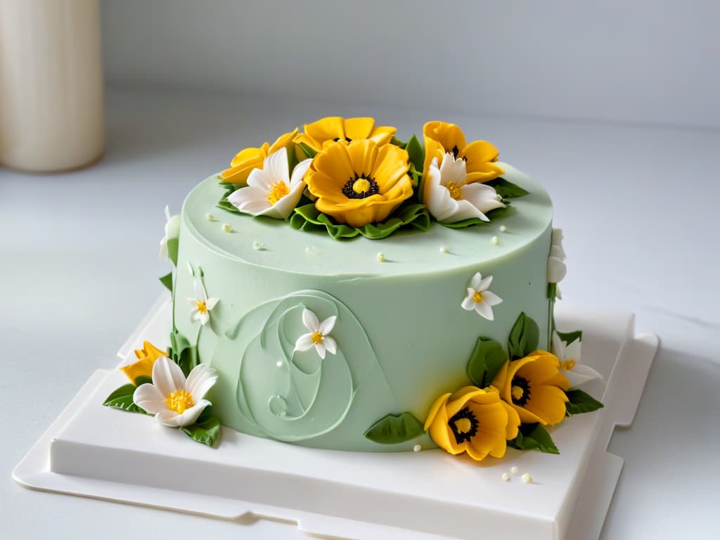  A minimalistic image of a pristine, intricately decorated cake sitting on a sleek, marble countertop. The cake is adorned with delicate fondant flowers and elegant piping details, showcasing expert craftsmanship. Soft, natural light filters in, casting subtle shadows that add depth to the scene. The overall aesthetic is clean, sophisticated, and visually appealing, making it a perfect visual representation for the article on preserving pastry creations. hyperrealistic, full body, detailed clothing, highly detailed, cinematic lighting, stunningly beautiful, intricate, sharp focus, f/1. 8, 85mm, (centered image composition), (professionally color graded), ((bright soft diffused light)), volumetric fog, trending on instagram, trending on tumblr, HDR 4K, 8K