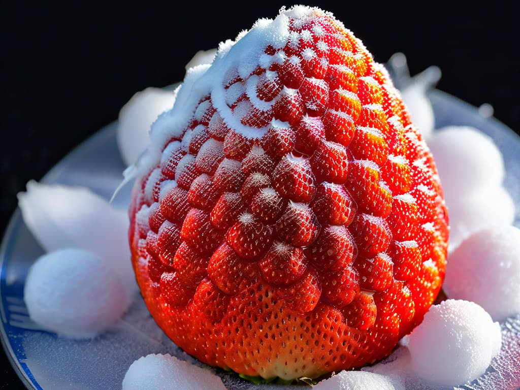  A closeup, ultradetailed image capturing the intricate formation of ice crystals on a perfectly frozen strawberry, showcasing the beauty and precision of the lyophilization process in pastry making. The ice crystals glisten under soft lighting, highlighting the delicate structure and emphasizing the scientific artistry behind this innovative culinary technique. hyperrealistic, full body, detailed clothing, highly detailed, cinematic lighting, stunningly beautiful, intricate, sharp focus, f/1. 8, 85mm, (centered image composition), (professionally color graded), ((bright soft diffused light)), volumetric fog, trending on instagram, trending on tumblr, HDR 4K, 8K