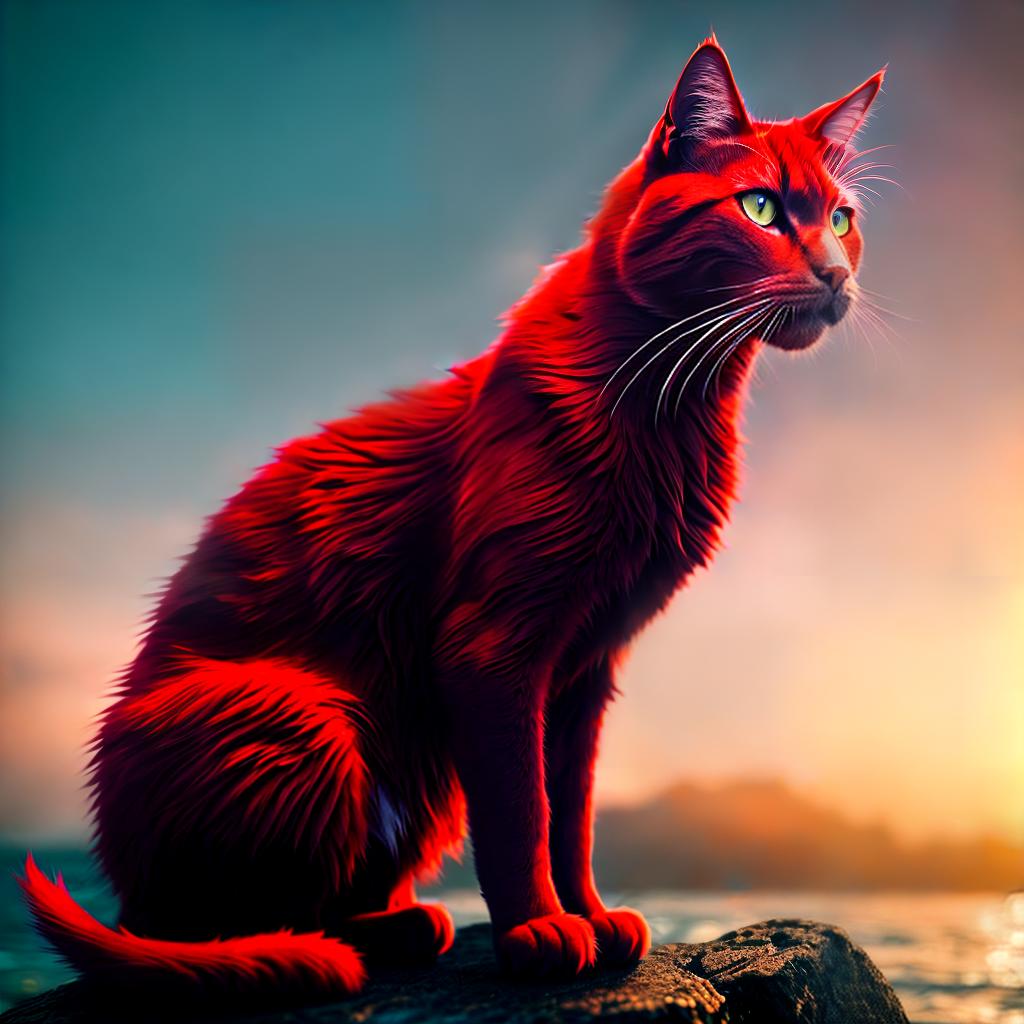  The crimson cat sits on the sea ,highly detailed, cinematic lighting, stunningly beautiful, intricate, sharp focus, f1. 8, 85mm, (centered image composition), (professionally color graded), ((bright soft diffused light)), volumetric fog, trending on instagram, trending on tumblr, HDR 4K, 8K