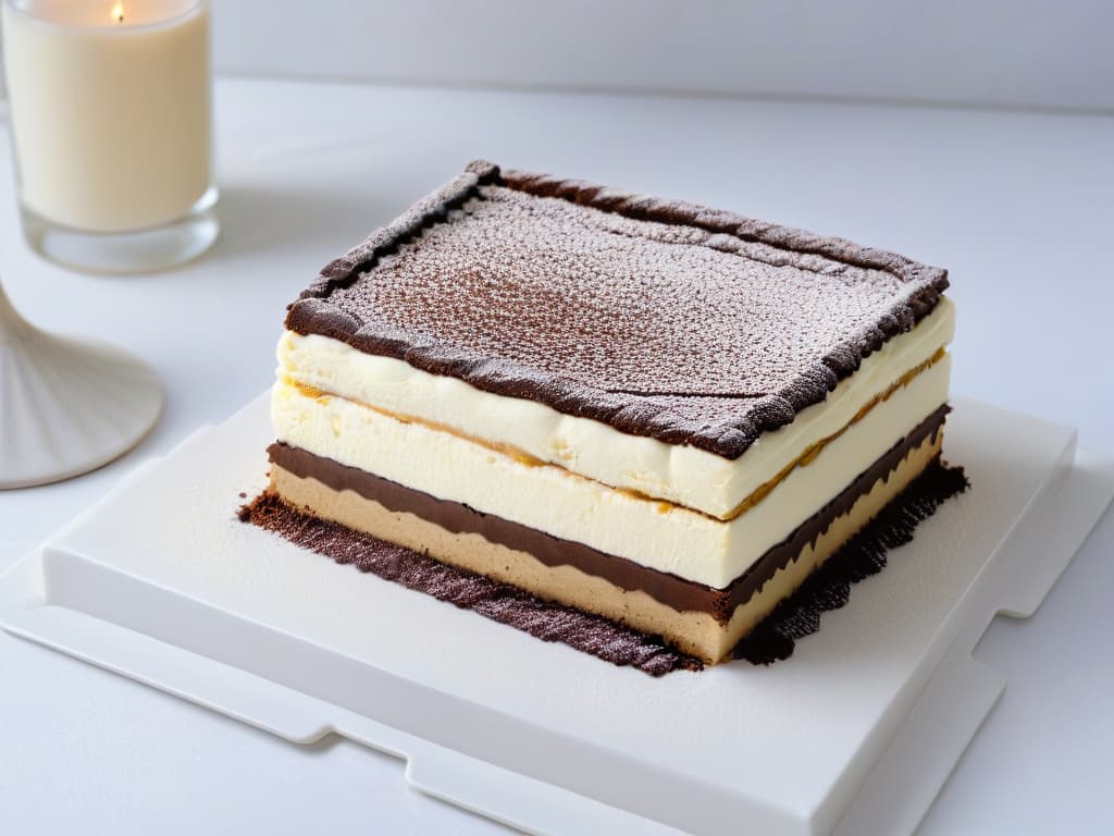  An elegant, minimalistic image of a freshly prepared tiramisu placed on a white marble countertop. The tiramisu is beautifully layered in a clear glass dish, showcasing the creamy mascarpone cheese, ladyfingers soaked in espresso, and a sprinkle of cocoa powder on top. The background is softly blurred, emphasizing the simplicity and sophistication of this classic Italian dessert. hyperrealistic, full body, detailed clothing, highly detailed, cinematic lighting, stunningly beautiful, intricate, sharp focus, f/1. 8, 85mm, (centered image composition), (professionally color graded), ((bright soft diffused light)), volumetric fog, trending on instagram, trending on tumblr, HDR 4K, 8K