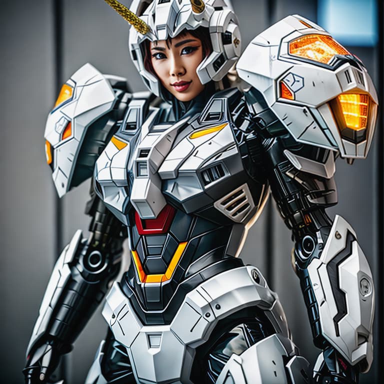  mecha musume, mechanical arms, headgear, bodysuit， unicorn gundam hyperrealistic, full body, detailed clothing, highly detailed, cinematic lighting, stunningly beautiful, intricate, sharp focus, f/1. 8, 85mm, (centered image composition), (professionally color graded), ((bright soft diffused light)), volumetric fog, trending on instagram, trending on tumblr, HDR 4K, 8K