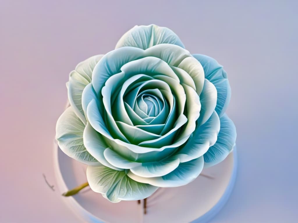  A closeup, ultradetailed image of a perfectly sculpted rose made out of translucent, shimmering gelatin, highlighting the intricate layers and delicate petal structure. The light catches the gelatin's surface, creating a mesmerizing play of colors and reflections, while the background fades into soft focus, emphasizing the purity and elegance of the edible art piece. hyperrealistic, full body, detailed clothing, highly detailed, cinematic lighting, stunningly beautiful, intricate, sharp focus, f/1. 8, 85mm, (centered image composition), (professionally color graded), ((bright soft diffused light)), volumetric fog, trending on instagram, trending on tumblr, HDR 4K, 8K