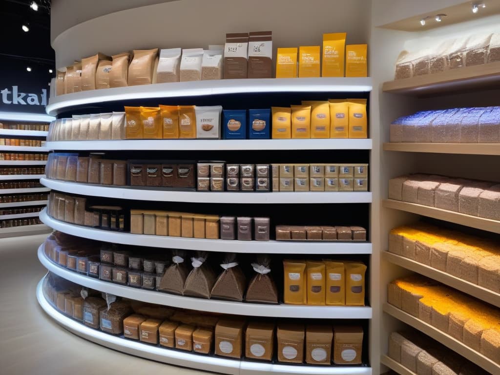  A minimalist, ultradetailed image depicting various brands of alternative flours showcased on sleek, modern shelves in a trendy store. Each brand is beautifully displayed with elegant packaging, showcasing a range of colors and textures that catch the eye. The lighting is soft yet highlights the details of each product, creating a visually appealing and sophisticated atmosphere. hyperrealistic, full body, detailed clothing, highly detailed, cinematic lighting, stunningly beautiful, intricate, sharp focus, f/1. 8, 85mm, (centered image composition), (professionally color graded), ((bright soft diffused light)), volumetric fog, trending on instagram, trending on tumblr, HDR 4K, 8K