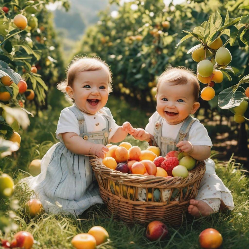  masterpiece, best quality, I want a picture of a baby girl and a baby boy in a fruit garden laughing and having fun with the sun shining on the top of the picture. And there should be a basket full of fruits and an empty basket on the left side of the picture