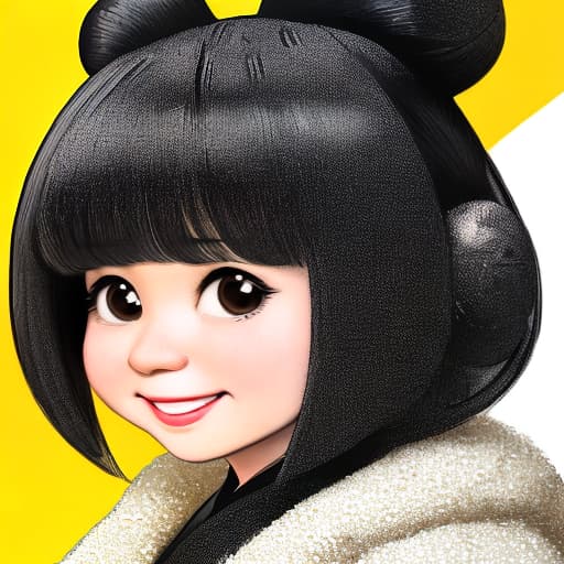  Create a portrait, is a cartoon image of a rich woman, this girl a chubby face but a pointed chin, hairstyle if Korean ball head, only need the head and shoulders, girls laugh happily positive picture, take cartoon image,