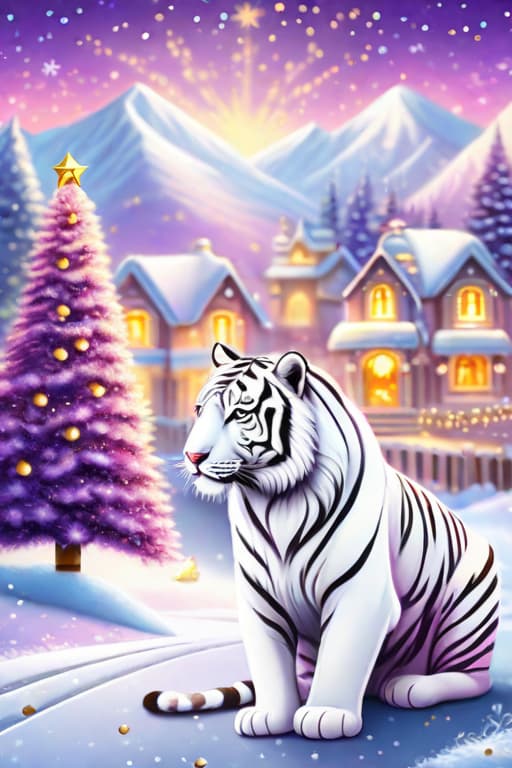  in the background there is a white tiger resembling mountains, its stripes are roads with cars, in the foreground there is a christmas tree, children decorate it with yellow and pink peonies, it is snowing, everything sparkles, pastel colors, deep cold purple shadows, warm highlights, oil painting, a lot of glitter and sequins, and sweat, bokeh effect, the picture glows from the inside., cute, hyper detail, full HD hyperrealistic, full body, detailed clothing, highly detailed, cinematic lighting, stunningly beautiful, intricate, sharp focus, f/1. 8, 85mm, (centered image composition), (professionally color graded), ((bright soft diffused light)), volumetric fog, trending on instagram, trending on tumblr, HDR 4K, 8K