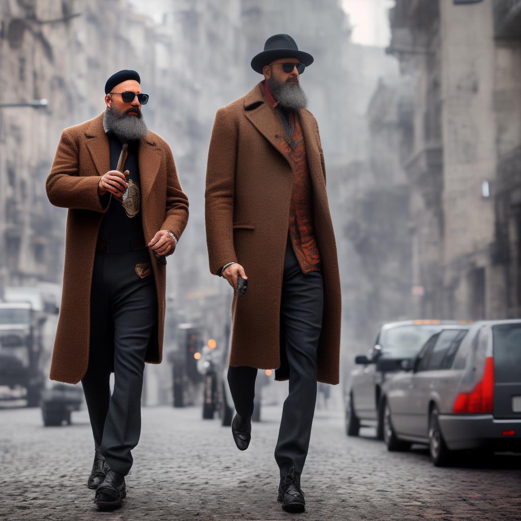 wa-vy style A bearded man walking on the streets wearing a coat and a cigar in his mouth, during midday. hyperrealistic, full body, detailed clothing, highly detailed, cinematic lighting, stunningly beautiful, intricate, sharp focus, f/1. 8, 85mm, (centered image composition), (professionally color graded), ((bright soft diffused light)), volumetric fog, trending on instagram, trending on tumblr, HDR 4K, 8K