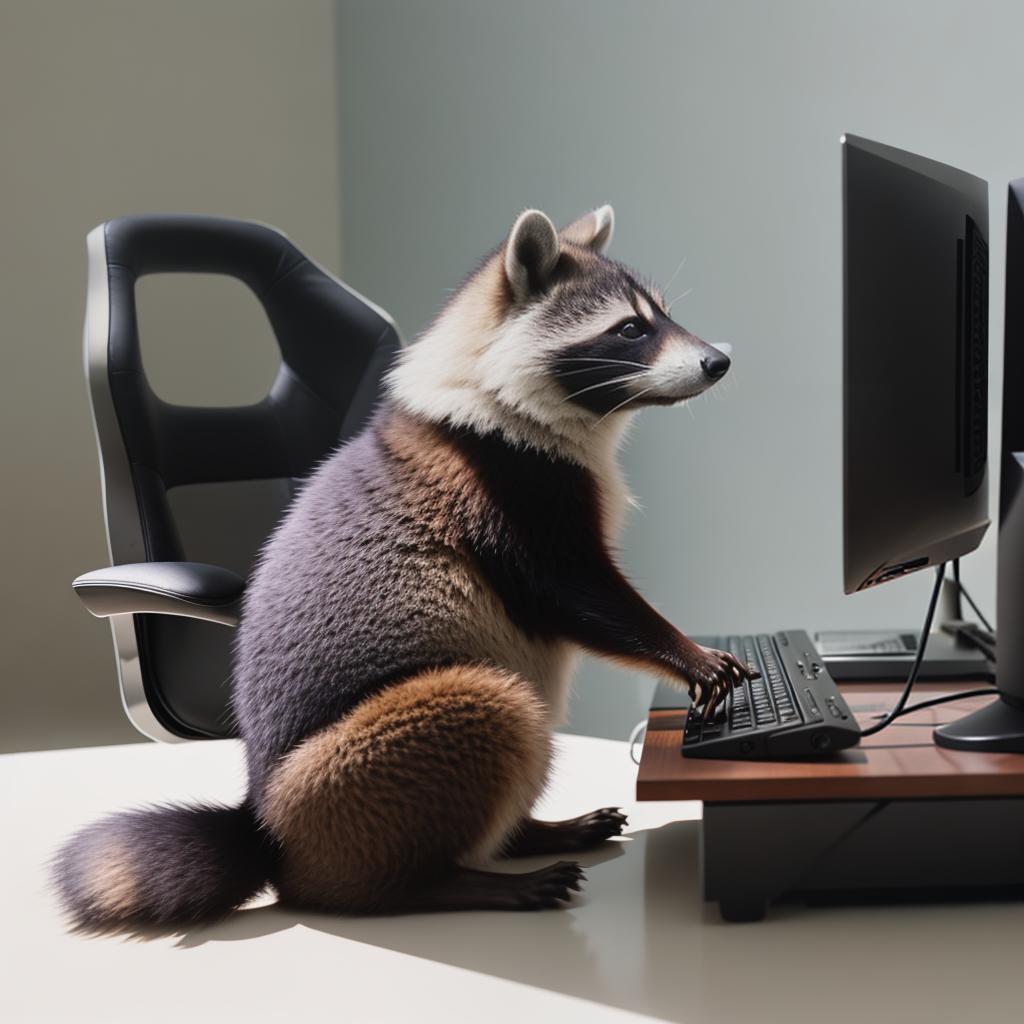  raccoon sitting in gaming chair front a computer on desktop, ((semi anthropomorphic)),(full body), tail, belly, sitting, fat, (chubby), (((white background))), solo, desktop, gaming chair, side view,  [[[clothes]]] hyperrealistic, full body, detailed clothing, highly detailed, cinematic lighting, stunningly beautiful, intricate, sharp focus, f/1. 8, 85mm, (centered image composition), (professionally color graded), ((bright soft diffused light)), volumetric fog, trending on instagram, trending on tumblr, HDR 4K, 8K