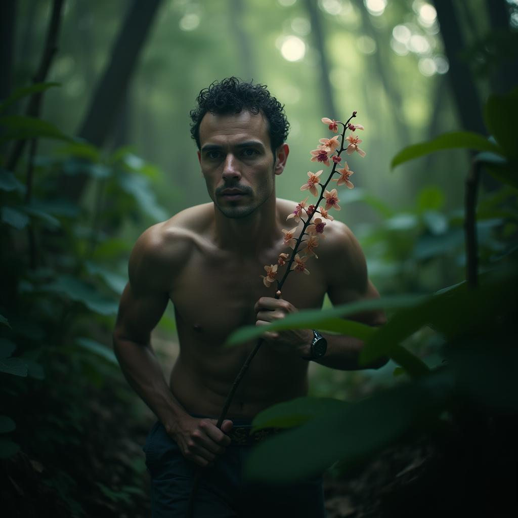  cinematic film orchid man in the jungle, shallow depth of field, vignette, highly detailed, high budget, bokeh, cinemascope, moody, epic, gorgeous, film grain, grainy