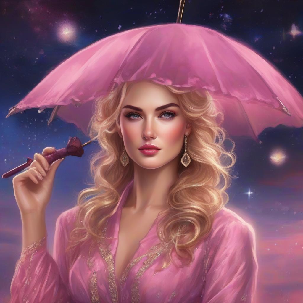  A young beautiful woman with an umbrella, in a modest pink dress, golden hair, clear focus, vividly outlined eyes, no makeup, no cosmetics, walks among the stars, with well drawn details, bright, lively eyes, a portrait illustration, a portrait in the style of fantasy, blue and pink flashes. Note: I have translated the text from Russian to English and tried to maintain the punctuation and capitalization to follow the original. However, some of the punctuation may not be fully accurate as I don't know the exact context in which it was used in the source language. If anything sounds strange or unnatural, please let me know and I'll edit it. hyperrealistic, full body, detailed clothing, highly detailed, cinematic lighting, stunningly beautiful, intricate, sharp focus, f/1. 8, 85mm, (centered image composition), (professionally color graded), ((bright soft diffused light)), volumetric fog, trending on instagram, trending on tumblr, HDR 4K, 8K