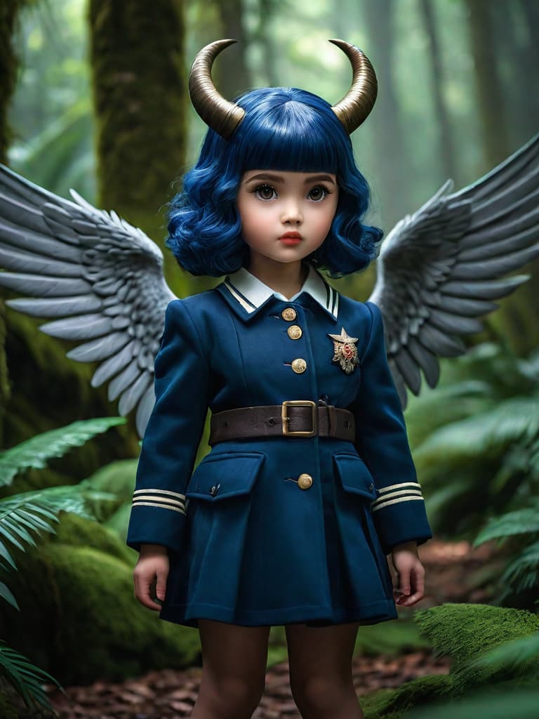  ((trending, highres, masterpiece, cinematic shot)), 1girl, chibi, female World War II outfit, jungle scene, long curly dark blue hair, parted bangs, heterochromia eyes, sweet personality, scared expression, horns, wings, very pale skin, lively, energetic hyperrealistic, full body, detailed clothing, highly detailed, cinematic lighting, stunningly beautiful, intricate, sharp focus, f\/1. 8, 85mm, (centered image composition), (professionally color graded), ((bright soft diffused light)), volumetric fog, trending on instagram, trending on tumblr, HDR 4K, 8K hyperrealistic, full body, detailed clothing, highly detailed, cinematic lighting, stunningly beautiful, intricate, sharp focus, f/1. 8, 85mm, (centered image composition), (professionally color graded), ((bright soft diffused light)), volumetric fog, trending on instagram, trending on tumblr, HDR 4K, 8K