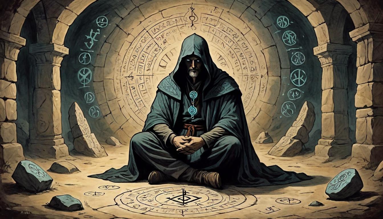  on parchment, surrealism+++, A shadowy figure sitting cross legged in an underground chamber, surrounded by ancient runes glowing faintly, chamber stone and old, runes intricate, deep dive into psyche, mystical awakening(mysterious, provocative, symbolic,muted color)+++