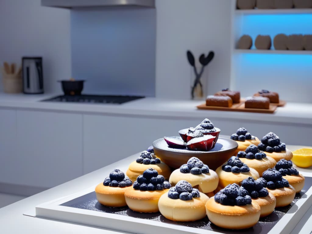  An ultradetailed image of a sleek, modern kitchen countertop adorned with an array of freshly baked pastries and desserts infused with vibrant dried blueberries. The pastries, meticulously arranged in a minimalist fashion, showcase the versatility and appeal of incorporating dried blueberries into various sweet treats. The soft, natural lighting accentuates the rich colors of the blueberries, contrasting beautifully with the neutral tones of the kitchen backdrop. The image exudes a sense of sophistication and culinary artistry, perfectly complementing the informative yet inspiring tone of the article. hyperrealistic, full body, detailed clothing, highly detailed, cinematic lighting, stunningly beautiful, intricate, sharp focus, f/1. 8, 85mm, (centered image composition), (professionally color graded), ((bright soft diffused light)), volumetric fog, trending on instagram, trending on tumblr, HDR 4K, 8K