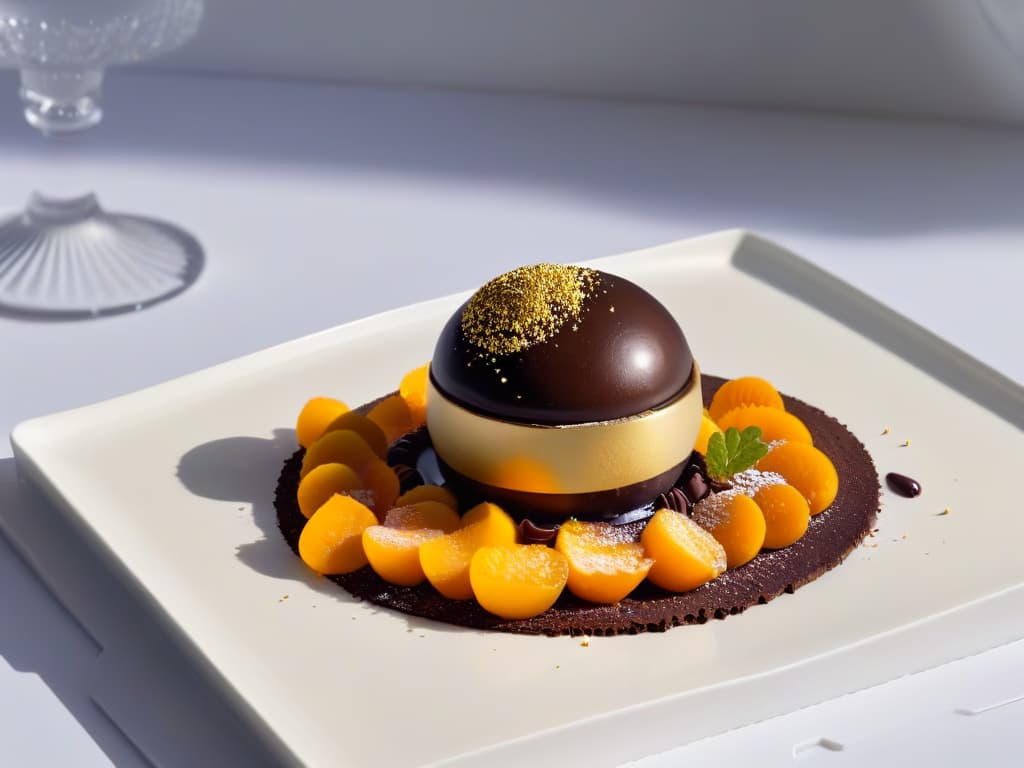  A closeup, ultradetailed image of a delicate, avantgarde dessert created by Heston Blumenthal. The dessert is a miniature chocolate sphere adorned with intricate edible gold leaf details, resting elegantly on a sleek, modern plate with subtle geometric patterns. The sphere reflects the surrounding soft ambient lighting, showcasing a glossy surface that exudes sophistication and creativity. The backdrop is blurred, emphasizing the dessert's exquisite details and innovative design, embodying the essence of Heston Blumenthal's legacy in modern pastry art. hyperrealistic, full body, detailed clothing, highly detailed, cinematic lighting, stunningly beautiful, intricate, sharp focus, f/1. 8, 85mm, (centered image composition), (professionally color graded), ((bright soft diffused light)), volumetric fog, trending on instagram, trending on tumblr, HDR 4K, 8K