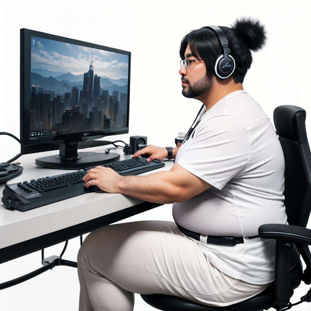  raccoon sitting in gaming chair front a computer on desktop, ((semi anthropomorphic)),(full body), tail, belly, sitting, fat, (chubby), (((white background))), solo, desktop, gaming chair, side view,  [[[clothes]]] hyperrealistic, full body, detailed clothing, highly detailed, cinematic lighting, stunningly beautiful, intricate, sharp focus, f/1. 8, 85mm, (centered image composition), (professionally color graded), ((bright soft diffused light)), volumetric fog, trending on instagram, trending on tumblr, HDR 4K, 8K