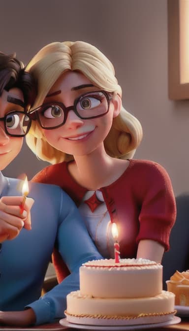  In the photo, there is a young woman and a man celebrating a birthday. The woman is wearing glasses and appears to be blowing out a candle on a birthday cake, while the man is next to her, slightly out of focus. There are heart-shaped designs floating above their heads, suggesting a festive or affectionate atmosphere. The image has a warm, filtered appearance, adding to the intimate and joyful moment being shared. hyperrealistic, full body, detailed clothing, highly detailed, cinematic lighting, stunningly beautiful, intricate, sharp focus, f/1. 8, 85mm, (centered image composition), (professionally color graded), ((bright soft diffused light)), volumetric fog, trending on instagram, trending on tumblr, HDR 4K, 8K