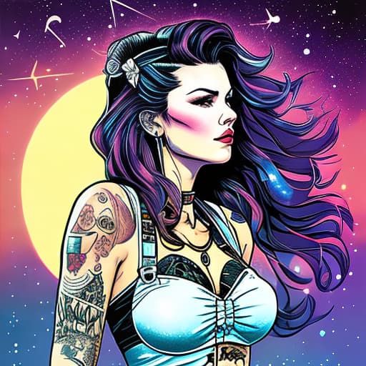 nvinkpunk realistic image of a rockabilly woman covered with tattoos with the stars and moon behind her