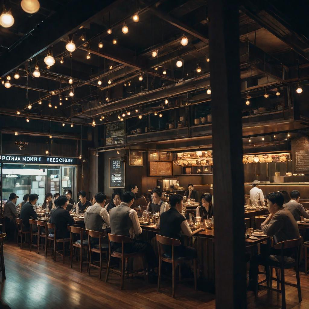  cinematic film still of restaurant in seoul, inside, evening, many peopledim light, hyper-realistic, detailed, high quality, mijorney, 8k, raw photo, best quality, ultrarealistic, ultra-detailed, vignette, highly detailed, high budget, bokeh, cinemascope, moody, epic, gorgeous, film grain, grainyneg promtromantic, anime, cartoon, graphic, text, painting, crayon, graphite, abstract, glitch, deformed, mutated, ugly, disfigured, anime, cartoon, graphic, text, painting, crayon, graphite, abstract, glitch, gaussian noise, badly drawn, poorly drawn, blurry, badly eyes, bad hands, cute, hyper detail, full HD hyperrealistic, full body, detailed clothing, highly detailed, cinematic lighting, stunningly beautiful, intricate, sharp focus, f/1. 8, 85mm, (centered image composition), (professionally color graded), ((bright soft diffused light)), volumetric fog, trending on instagram, trending on tumblr, HDR 4K, 8K