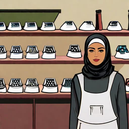  A girl wearing a hijab who sells socks in her small sock shop Behind the girl is a rack of socks and in front of the girl is a table, and on the table is a laptop, a box of socks, a notebook, a socks socks socks hyperrealistic, full body, detailed clothing, highly detailed, cinematic lighting, stunningly beautiful, intricate, sharp focus, f/1. 8, 85mm, (centered image composition), (professionally color graded), ((bright soft diffused light)), volumetric fog, trending on instagram, trending on tumblr, HDR 4K, 8K