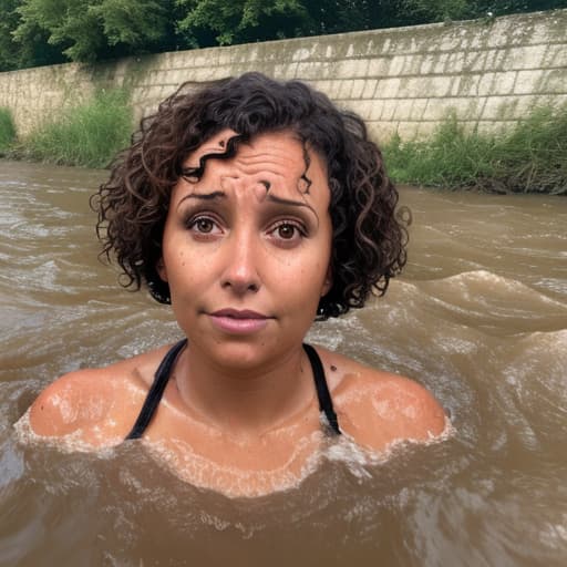  tanned woman's face with short and curly hair drowning in the river she looks panic