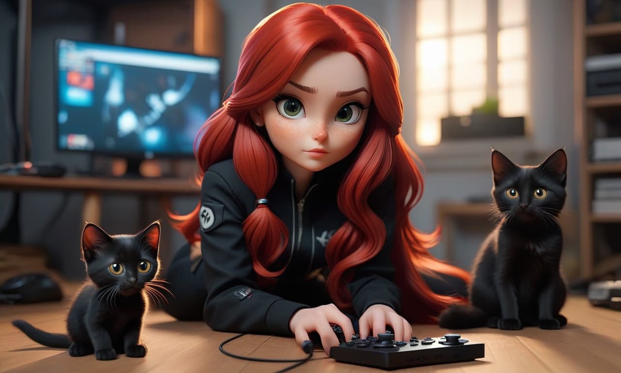  cinematic photo A girl, long red hair, in front of a computer, on the floor, holding a gamepad, a black kitten sitting next to her. . 35mm photograph, film, bokeh, professional, 4k, highly detailed hyperrealistic, full body, detailed clothing, highly detailed, cinematic lighting, stunningly beautiful, intricate, sharp focus, f/1. 8, 85mm, (centered image composition), (professionally color graded), ((bright soft diffused light)), volumetric fog, trending on instagram, trending on tumblr, HDR 4K, 8K