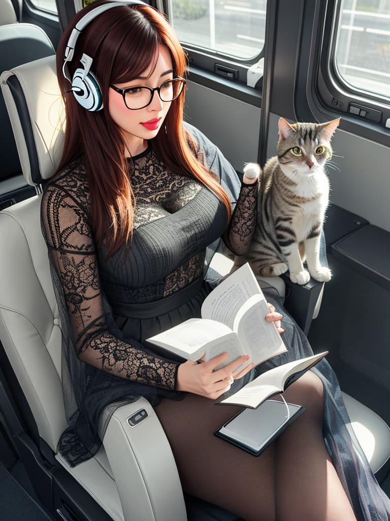  Realistic image of a cat wearing headphones and reading glasses while riding a bus. hyperrealistic, full body, detailed clothing, highly detailed, cinematic lighting, stunningly beautiful, intricate, sharp focus, f/1. 8, 85mm, (centered image composition), (professionally color graded), ((bright soft diffused light)), volumetric fog, trending on instagram, trending on tumblr, HDR 4K, 8K