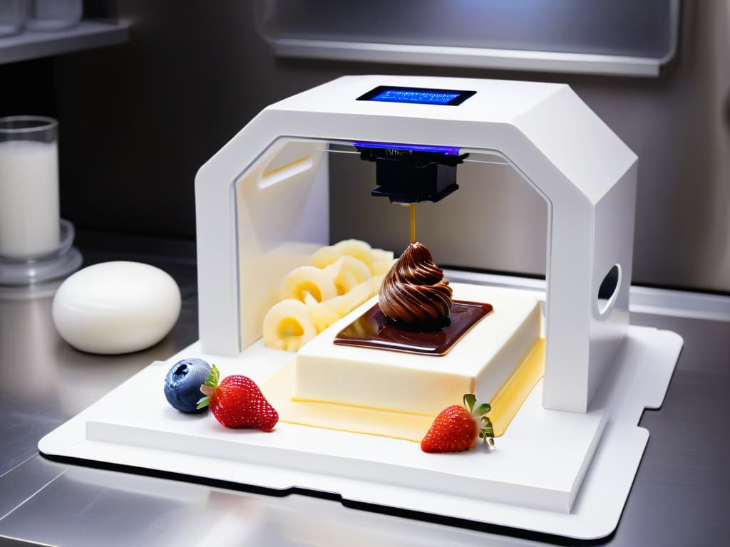  A highresolution, ultradetailed image of a sleek, futuristic 3D food printer in action, meticulously crafting a delicate and intricate sugar sculpture for a decadent dessert. The printer is elegantly designed with a minimalist aesthetic, showcasing advanced technology seamlessly integrated into a professional kitchen setting. The focus is on the precision and artistry of the dessert creation process, highlighting the innovative capabilities of 3D printing in pastry making. hyperrealistic, full body, detailed clothing, highly detailed, cinematic lighting, stunningly beautiful, intricate, sharp focus, f/1. 8, 85mm, (centered image composition), (professionally color graded), ((bright soft diffused light)), volumetric fog, trending on instagram, trending on tumblr, HDR 4K, 8K