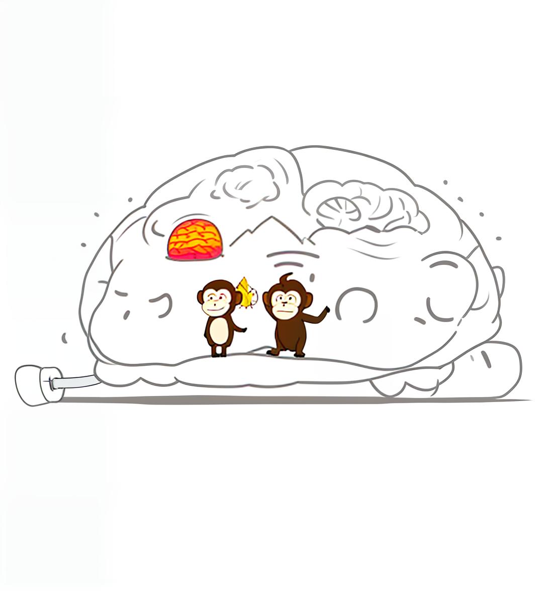  Masterpiece, best quality, a stick figure of the brain, where there are two roles: a monkey who is content in time, and a person who is at the helm.