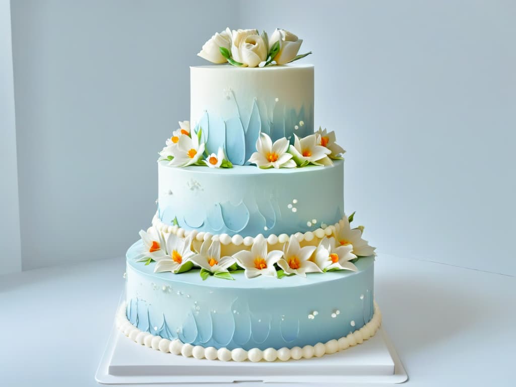  A closeup, ultradetailed shot of a perfectly smooth and flawlessly decorated threetiered cake, featuring intricate piping work with delicate flowers and elegant swirls in pastel colors, set against a clean, white background to highlight the precision and artistry of professional cake decoration. hyperrealistic, full body, detailed clothing, highly detailed, cinematic lighting, stunningly beautiful, intricate, sharp focus, f/1. 8, 85mm, (centered image composition), (professionally color graded), ((bright soft diffused light)), volumetric fog, trending on instagram, trending on tumblr, HDR 4K, 8K