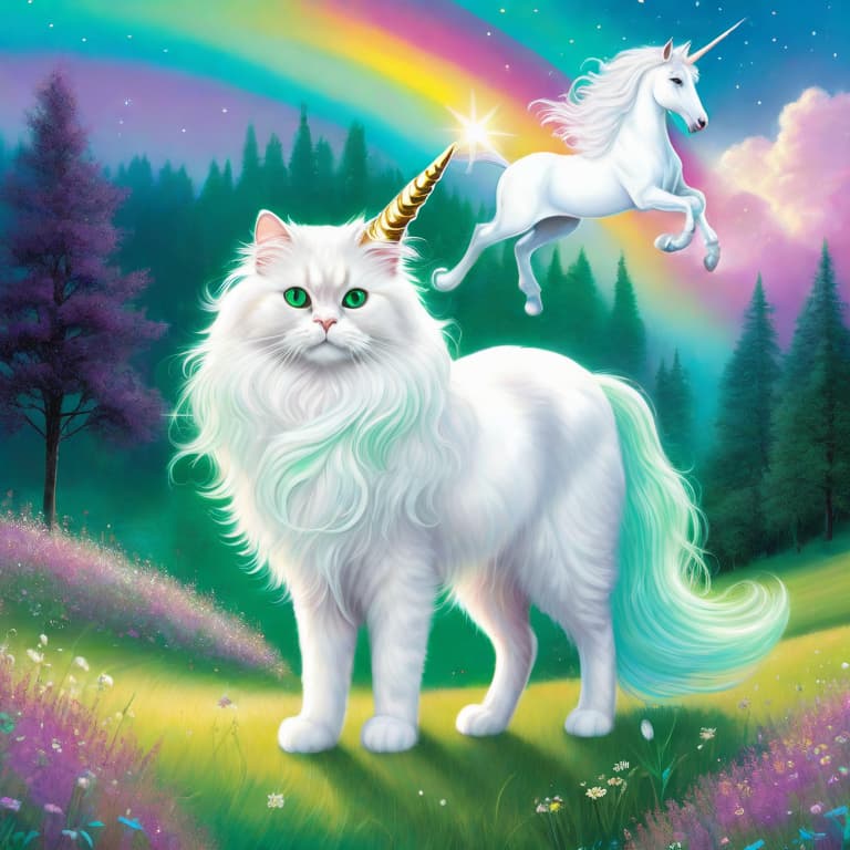  The image is a digital illustration in a vibrant and whimsical art style. The cat, a fluffy and white Persian with emerald green eyes, is perched on the back of the unicorn, which has a luminescent white coat and a flowing, multicolored mane and tail. The unicorn's horn is pearlescent and glows softly. They stand in the center of a meadow, lush with green grass and adorned with an abundance of colorful wildflowers, including daisies, tulips, and lavender. The meadow is illuminated by the warm glow of the sun, casting soft rays of light across the scene. A vivid rainbow stretches across the sky, with its vibrant bands arching gracefully above the duo. The image is highly detailed, with intricate patterns adorning both the cat and the unicorn