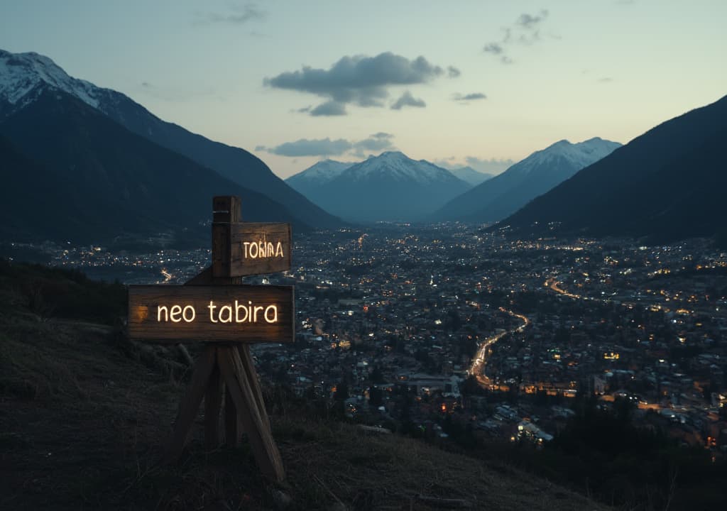  good quality, high quality, an aerial view of a sign with the word 'neo tabira' written on it, in a small future basque city surrounded by mountains at dusk, where evil corporations can be seen.