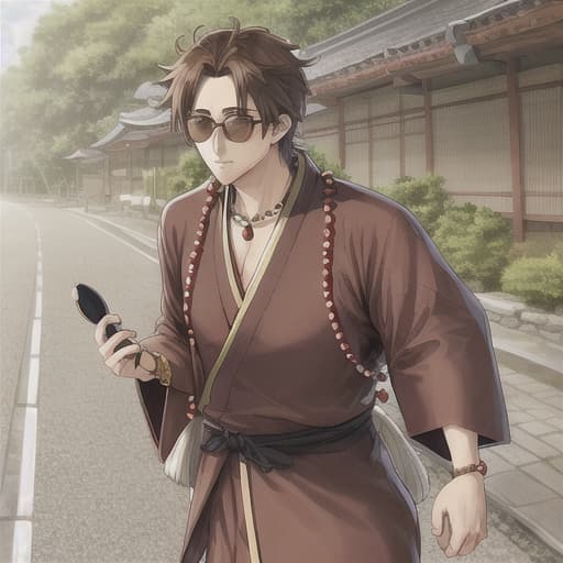  man, Japanese outfit, brown hair tousled and pulled out in front, square sunglasses, beads on his neck