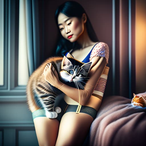 estilovintedois estilovintedois, A cute Indonesian woman (((just wearing underwear))) ((pose with kitten's)), realistic, hyperdetailed , highly detailed, cinematic lighting, intricate, sharp focus, f/1. 8, 85mm, (centered image composition), (professionally color graded), ((bright soft diffused light)), volumetric fog, trending on instagram, HDR 4K, 8K