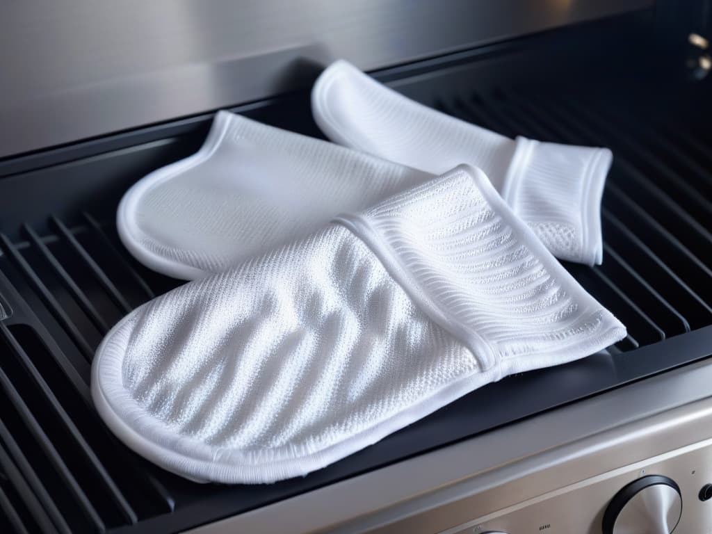  An ultradetailed image of a pair of sleek, modern oven gloves made of highquality, heatresistant material in a stylish design, placed against a backdrop of a sophisticated kitchen setting with soft, natural lighting highlighting the texture and craftsmanship of the gloves. The image captures the essence of elegance and functionality, showcasing the perfect balance between style and safety in the kitchen. hyperrealistic, full body, detailed clothing, highly detailed, cinematic lighting, stunningly beautiful, intricate, sharp focus, f/1. 8, 85mm, (centered image composition), (professionally color graded), ((bright soft diffused light)), volumetric fog, trending on instagram, trending on tumblr, HDR 4K, 8K