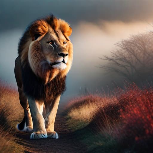  a lion hyperrealistic, full body, detailed clothing, highly detailed, cinematic lighting, stunningly beautiful, intricate, sharp focus, f/1. 8, 85mm, (centered image composition), (professionally color graded), ((bright soft diffused light)), volumetric fog, trending on instagram, trending on tumblr, HDR 4K, 8K