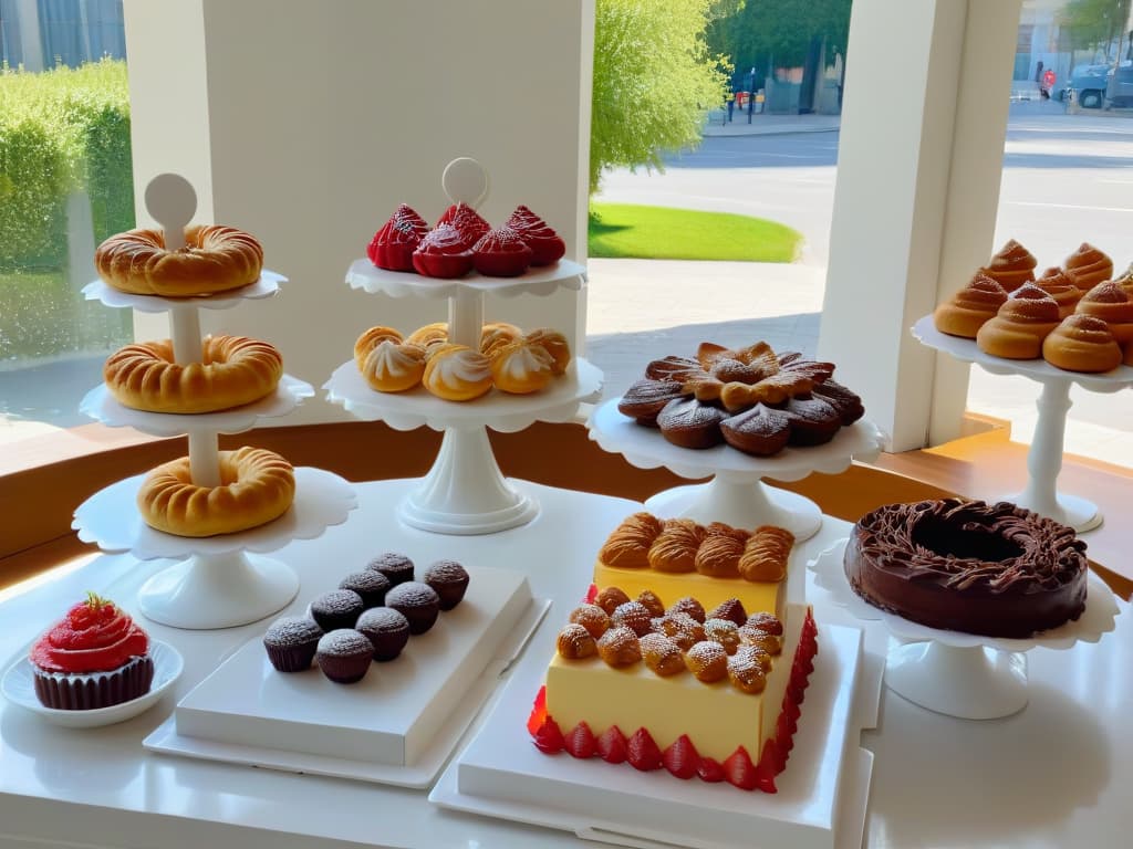  A serene, minimalistic image of a sunlit kitchen counter with a perfectly arranged display of freshly baked pastries and cakes varying in shapes, sizes, and colors. The soft natural light filtering through a nearby window highlights the intricate details of each treat, showcasing the artistry and precision that goes into pastry making. The immaculate marble countertop provides a clean and elegant backdrop for the delicious creations, inviting viewers to appreciate the beauty and craftsmanship of pastry artistry. hyperrealistic, full body, detailed clothing, highly detailed, cinematic lighting, stunningly beautiful, intricate, sharp focus, f/1. 8, 85mm, (centered image composition), (professionally color graded), ((bright soft diffused light)), volumetric fog, trending on instagram, trending on tumblr, HDR 4K, 8K