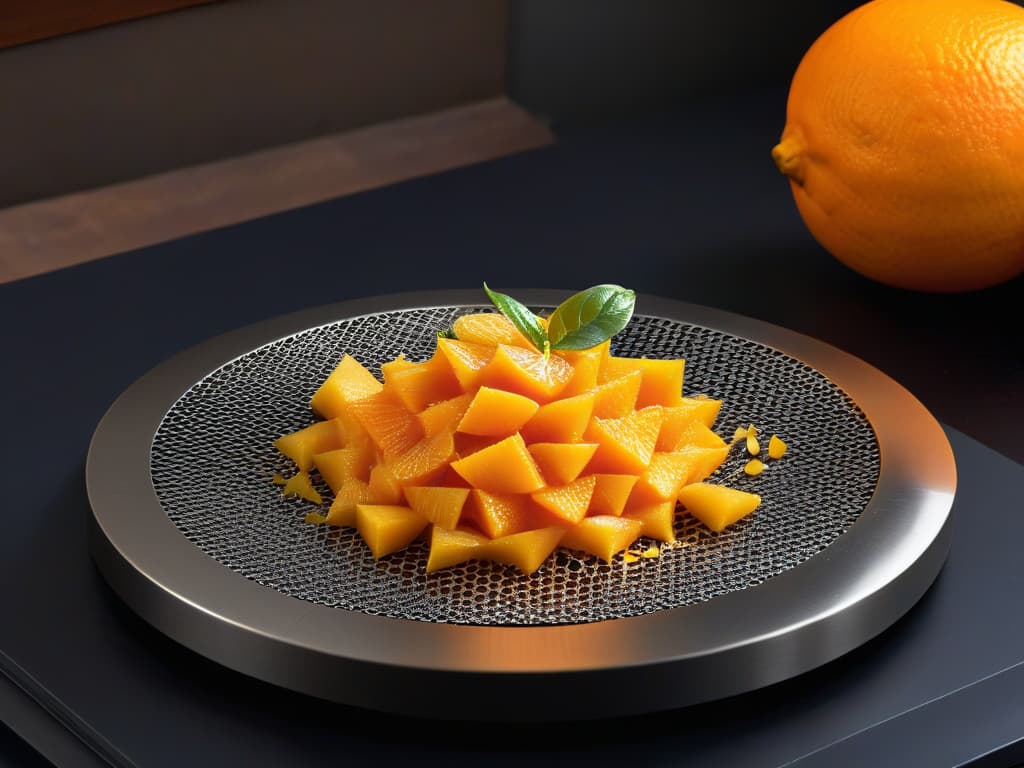  A highresolution, ultradetailed image of an elegant stainless steel zester delicately grating a vibrant orange zest over a dark granite countertop. The focus is on the intricate design of the zester, capturing the fine citrus shavings falling gracefully onto the surface, creating a visually appealing contrast. The lighting highlights the sharp edges of the zester and the vibrant color of the orange zest, emphasizing the precision and artistry involved in the process of zesting citrus fruits for pastry perfection. hyperrealistic, full body, detailed clothing, highly detailed, cinematic lighting, stunningly beautiful, intricate, sharp focus, f/1. 8, 85mm, (centered image composition), (professionally color graded), ((bright soft diffused light)), volumetric fog, trending on instagram, trending on tumblr, HDR 4K, 8K