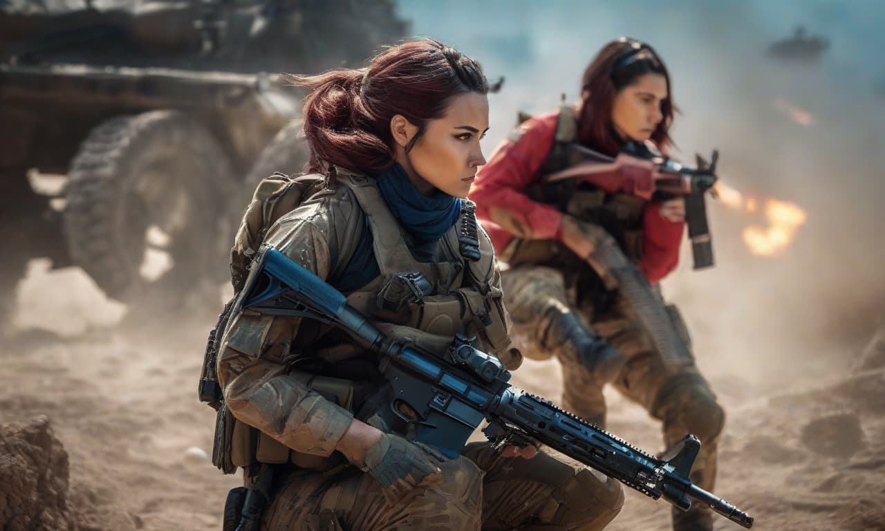  two girls, girl in red combat form, girl in blue combat form, with assault rifles, combat action, battlefield hyperrealistic, full body, detailed clothing, highly detailed, cinematic lighting, stunningly beautiful, intricate, sharp focus, f/1. 8, 85mm, (centered image composition), (professionally color graded), ((bright soft diffused light)), volumetric fog, trending on instagram, trending on tumblr, HDR 4K, 8K