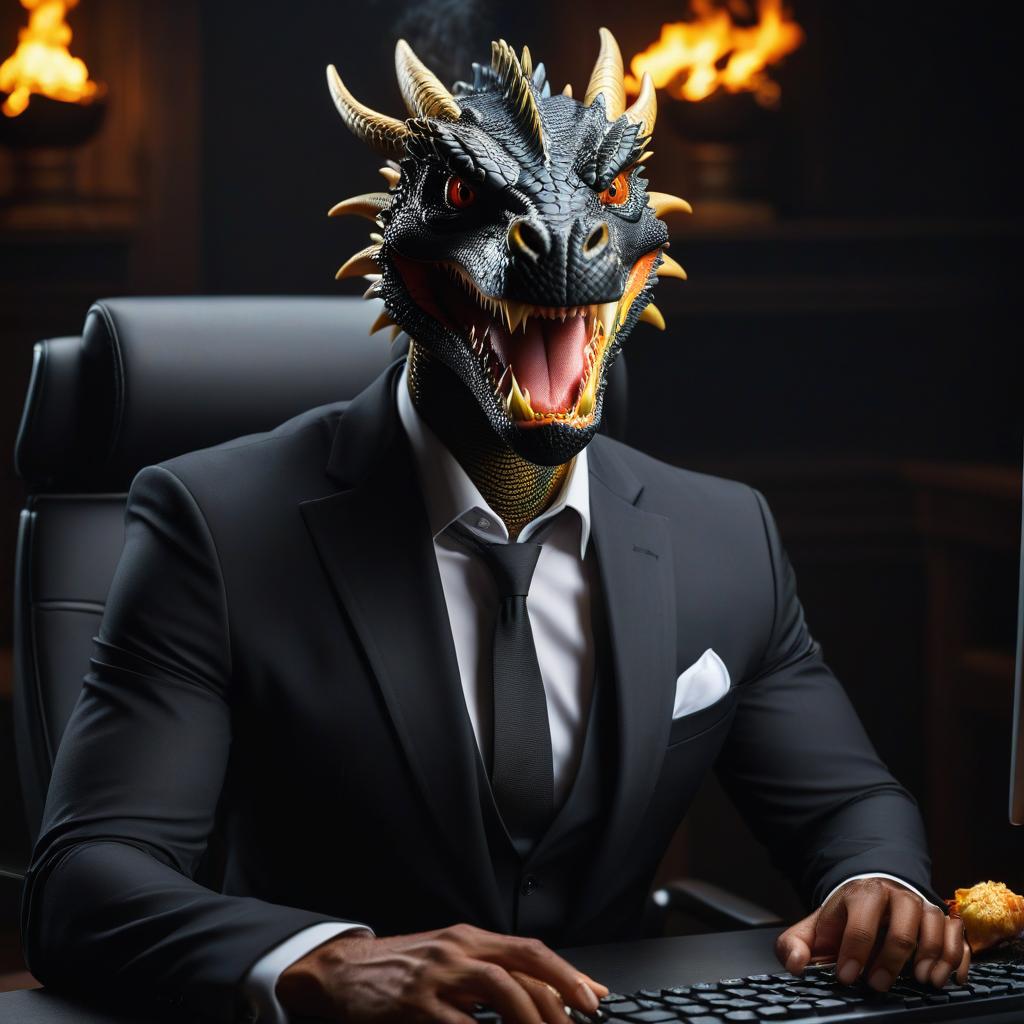  Food photography style dragon in a dark suit, Headshot, looking straight into the camera, full face, kind, with a smile, at the computer, typing on the keyboard, fire all around . Appetizing, professional, culinary, high resolution, commercial, highly detailed hyperrealistic, full body, detailed clothing, highly detailed, cinematic lighting, stunningly beautiful, intricate, sharp focus, f/1. 8, 85mm, (centered image composition), (professionally color graded), ((bright soft diffused light)), volumetric fog, trending on instagram, trending on tumblr, HDR 4K, 8K