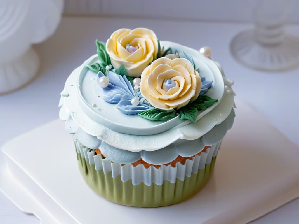  A closeup, ultradetailed image of a perfectly frosted cupcake adorned with delicate, intricate fondant decorations in pastel colors. The frosting is smooth and glossy, with tiny pearl sprinkles cascading down the sides. The fondant decorations include miniature roses, intricate swirls, and tiny edible pearls, all meticulously placed on top of the cupcake. The lighting is soft, casting a gentle shadow beneath the cupcake, highlighting the details of the decorations. hyperrealistic, full body, detailed clothing, highly detailed, cinematic lighting, stunningly beautiful, intricate, sharp focus, f/1. 8, 85mm, (centered image composition), (professionally color graded), ((bright soft diffused light)), volumetric fog, trending on instagram, trending on tumblr, HDR 4K, 8K