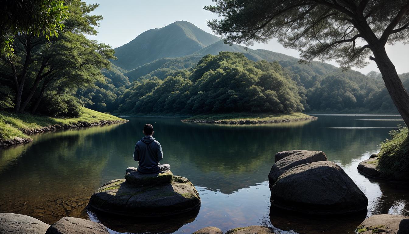  digital illustration, A figure meditating with a serene setting, introspection, calm, inner peace, looking at viewer, dynamic pose, (intricate details, masterpiece, best quality)