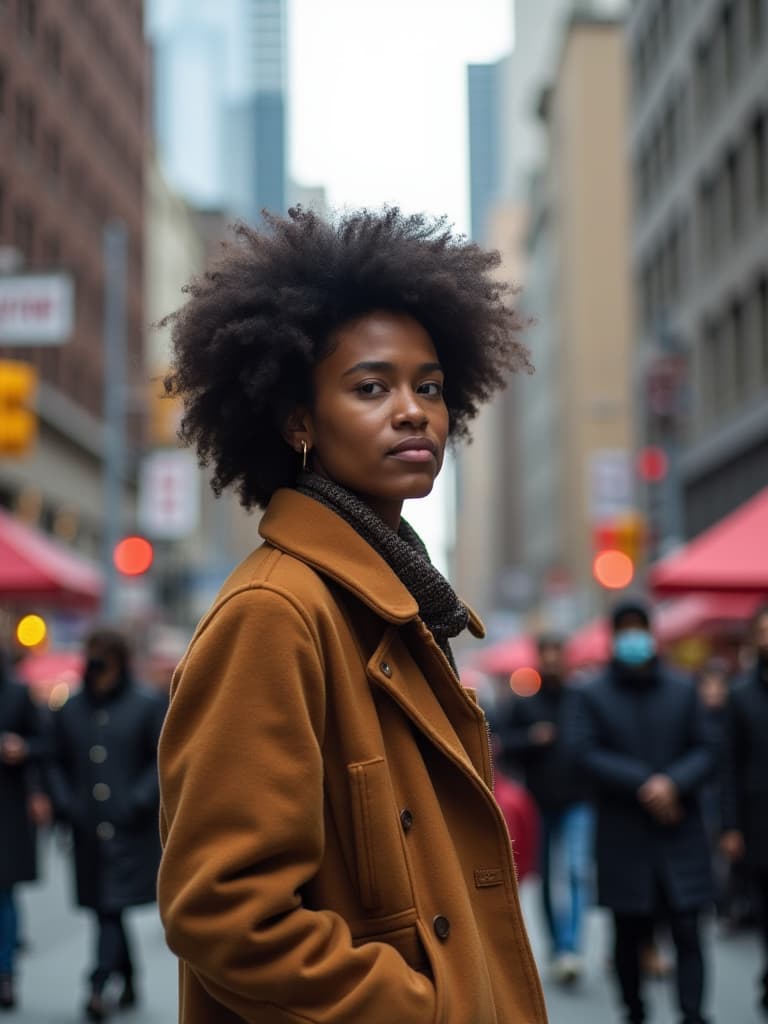  capture an editorial photography featuring an afrodescendant adult on a bustling city street to resonate with a politically engaged audience aged 25 45 from major u.s. cities like washington, d.c., and new york city. the photo should highlight urban dynamics, appealing to followers of high profile political leaders such as elizabeth warren and alexandria ocasio cortez. this imagery will attract users active on social platforms such as twitter, engaging with u.s. politics, social justice, and activism, ideal for campaigns targeting progressive movements and political discourse.