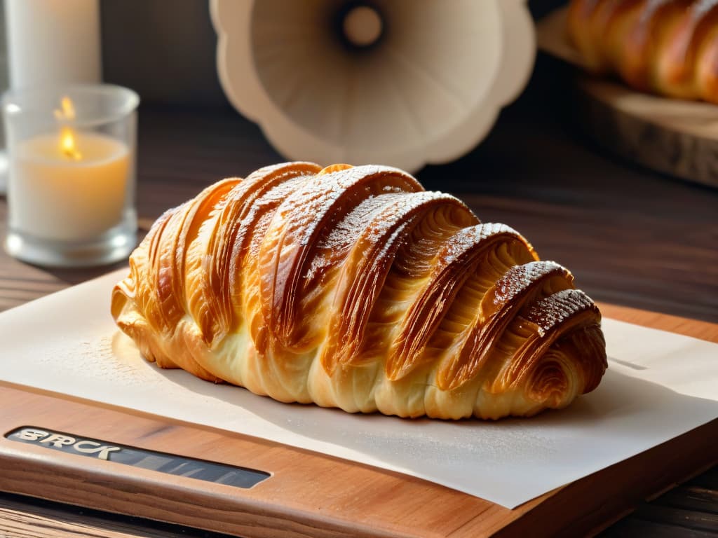  A closeup, ultradetailed image of a perfectly goldenbrown and intricately flaky croissant, freshly baked and placed on a rustic wooden table. The layers of the croissant are clearly visible, showcasing the expert lamination technique used in its preparation. The golden exterior glistens under a soft, natural light, highlighting the craftsmanship and skill required to achieve such a delectable pastry. hyperrealistic, full body, detailed clothing, highly detailed, cinematic lighting, stunningly beautiful, intricate, sharp focus, f/1. 8, 85mm, (centered image composition), (professionally color graded), ((bright soft diffused light)), volumetric fog, trending on instagram, trending on tumblr, HDR 4K, 8K