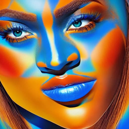  A woman's face with a blue and orange background and a yellow and orange background hyperrealistic, full body, detailed clothing, highly detailed, cinematic lighting, stunningly beautiful, intricate, sharp focus, f/1. 8, 85mm, (centered image composition), (professionally color graded), ((bright soft diffused light)), volumetric fog, trending on instagram, trending on tumblr, HDR 4K, 8K