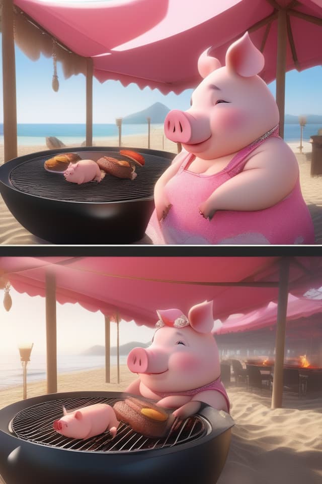  extremely obese girl、pink colored hair、((bright deep pink colored drooping pig's ears:1.4、ultra detailed plump & fat face sweaty smile:1.4、ultra detailed shiny black skin:1.4))、(((on the beach:1.4、barbecue:1.4)))、(、eating a lot of barbecue)、dutch angle、best quality:1.4、masterpiece:1.4、ultra detailed texture、RAW photorealistic、absurd resolution、8K illustration、💩、💩、💩、💩、💩、💩 hyperrealistic, full body, detailed clothing, highly detailed, cinematic lighting, stunningly beautiful, intricate, sharp focus, f/1. 8, 85mm, (centered image composition), (professionally color graded), ((bright soft diffused light)), volumetric fog, trending on instagram, trending on tumblr, HDR 4K, 8K