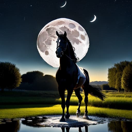  create an image starting from the face of Tiziano REVERSI the chiseller set on a black horse with a sword facing the moon and a half human face with a deep gaze and half skull. all around the wind with leaves rising towards the stars and the reflection in the pond a behind.