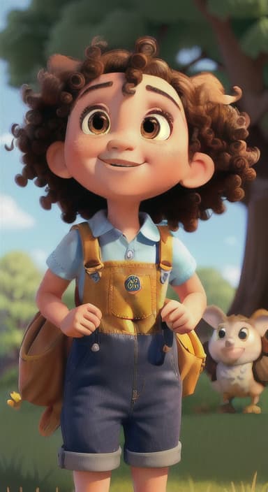  {Riley looking up at the tree with a big smile, animals surrounding them., Riley, a curious with big brown eyes and curly hair, wearing overalls and carrying a small backpack. Their friend, Skye, a bluebird with shiny feathers.