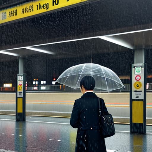  Waiting for a bus at the station on a rainy day,