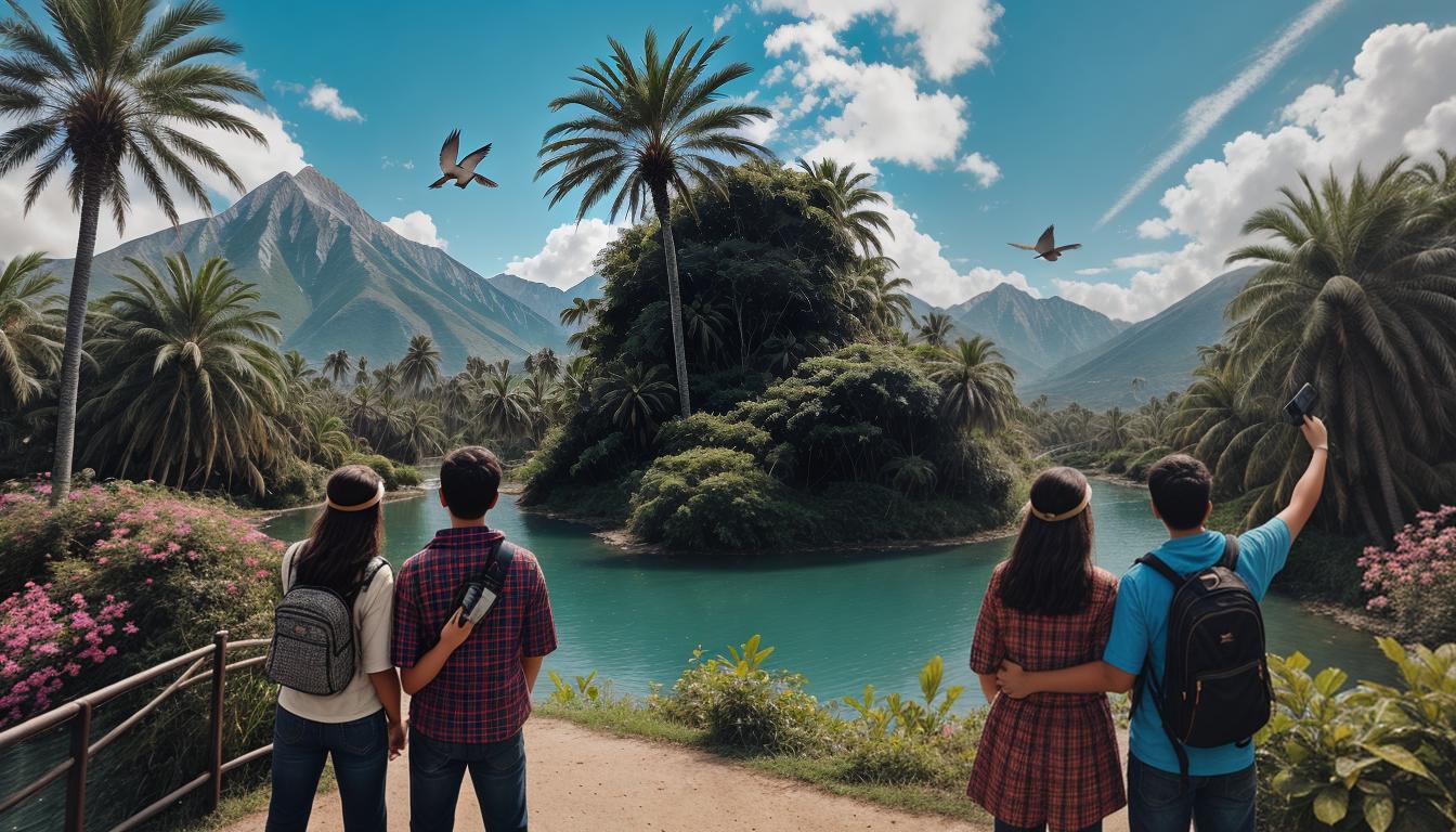  digital illustration, Mia and Alex at a beautiful bird sanctuary, surrounded by chirping birds, Alex pointing at a bird guide, sharing an excited moment, lively and colorful backdrop, looking at viewer, dynamic pose, (intricate details, masterpiece, best quality)